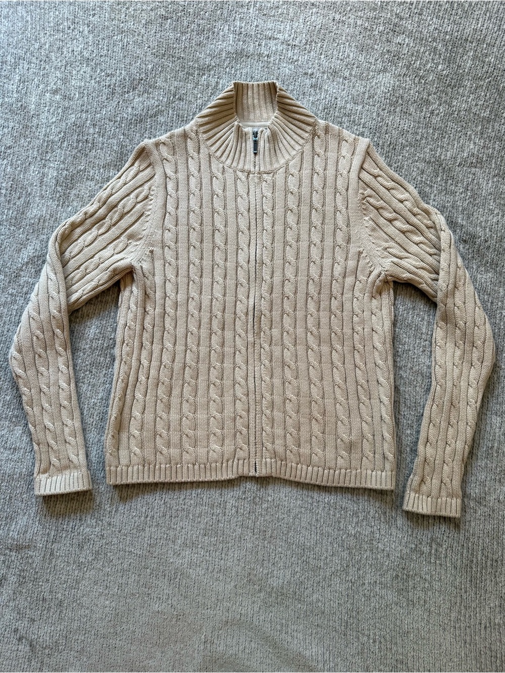 L.L.Bean Petite Medium Cotton Cable Knit Full Zip Cardigan Sweater Oatmeal